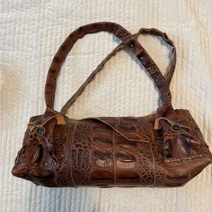 Brown Croc-Embossed Leather Wristlet Clutch